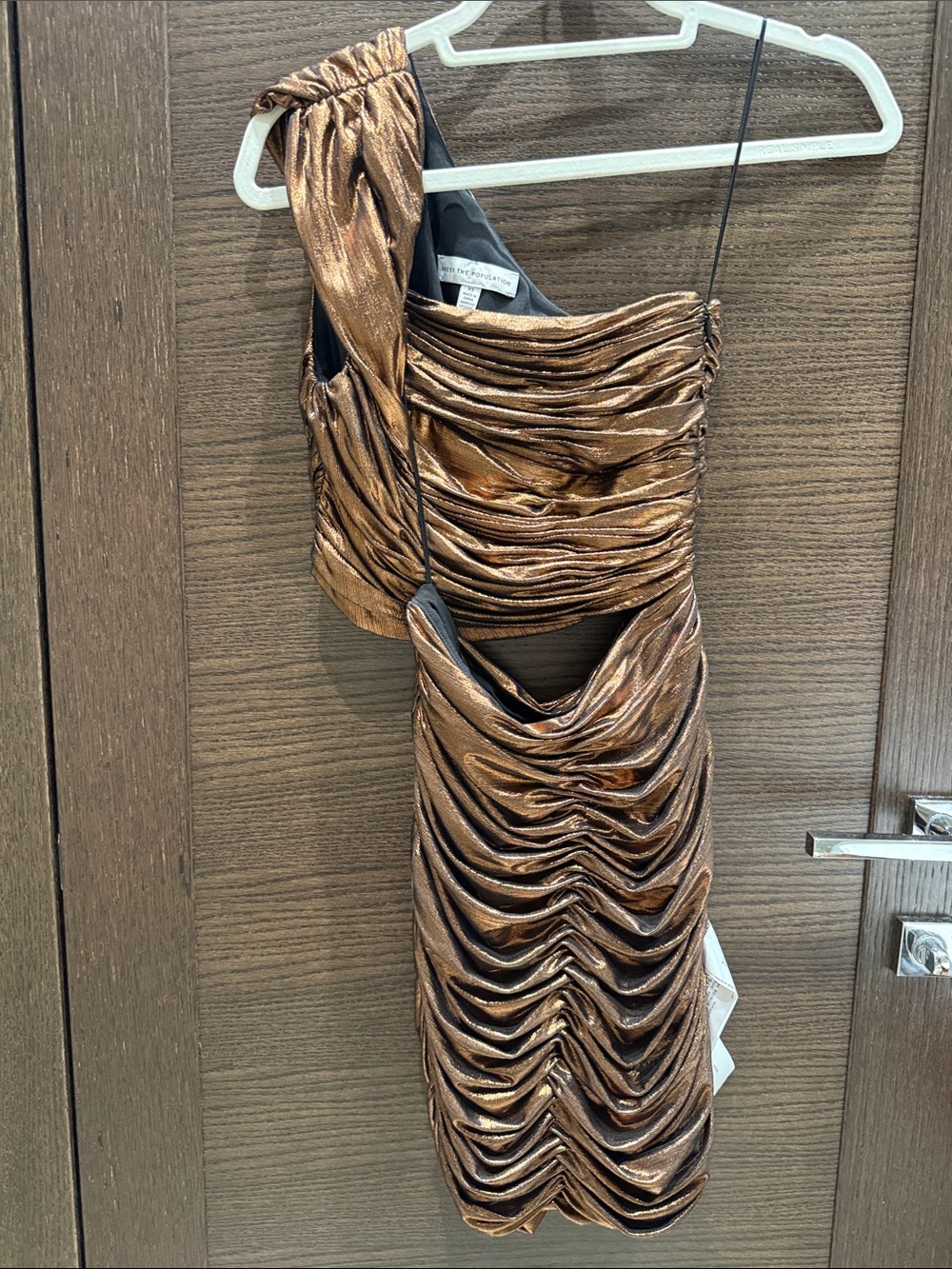 One-Shoulder Metallic Copper Ruched Dress